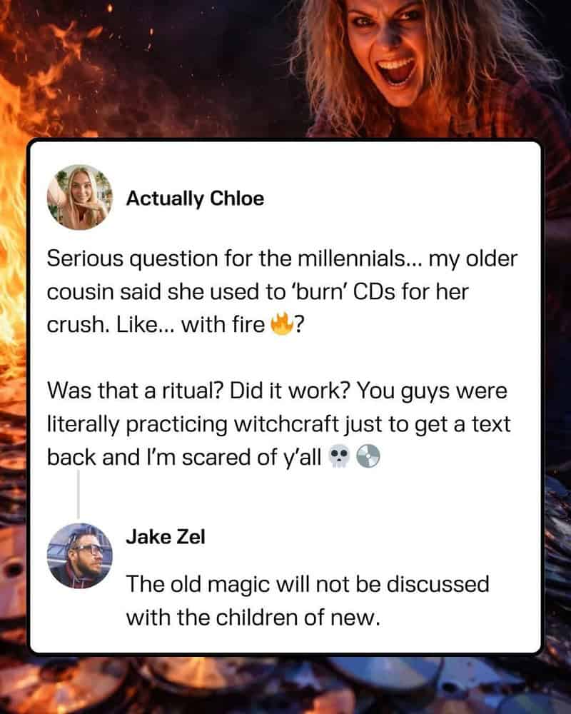 Burning CDs for a crush, with fire emoji, in a social media post.