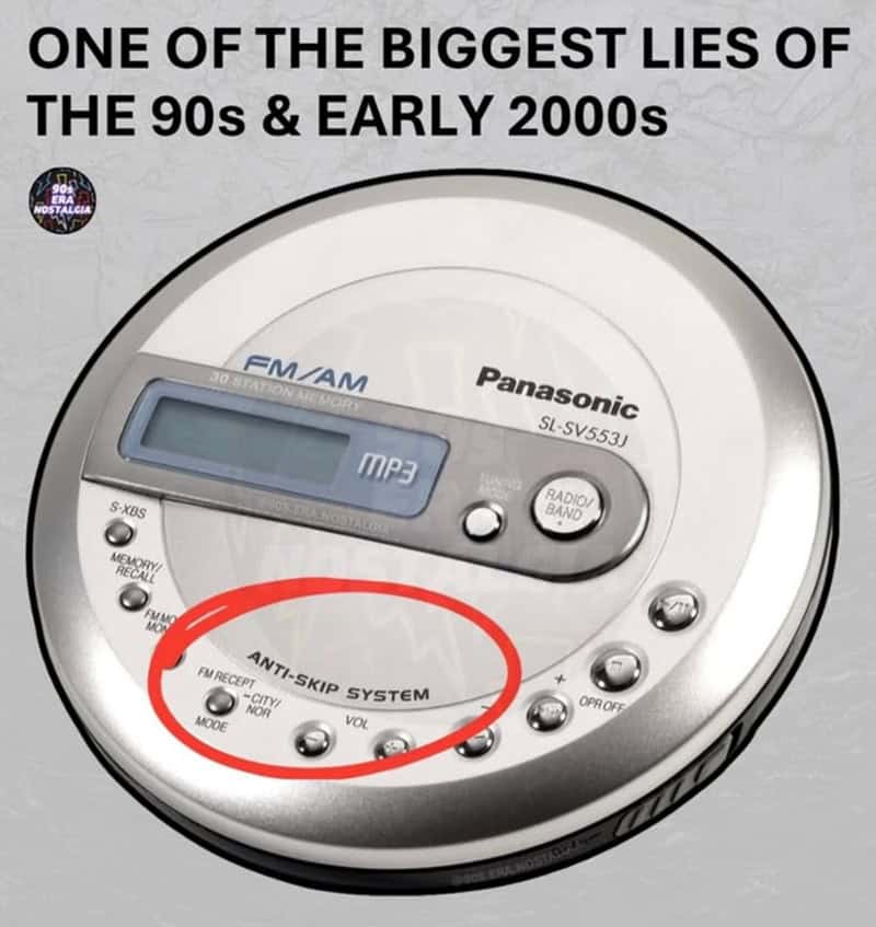 FM/AM radio alarm clock with anti-skip system and multiple buttons, labeled "ONE OF THE BIGGEST LIES.
