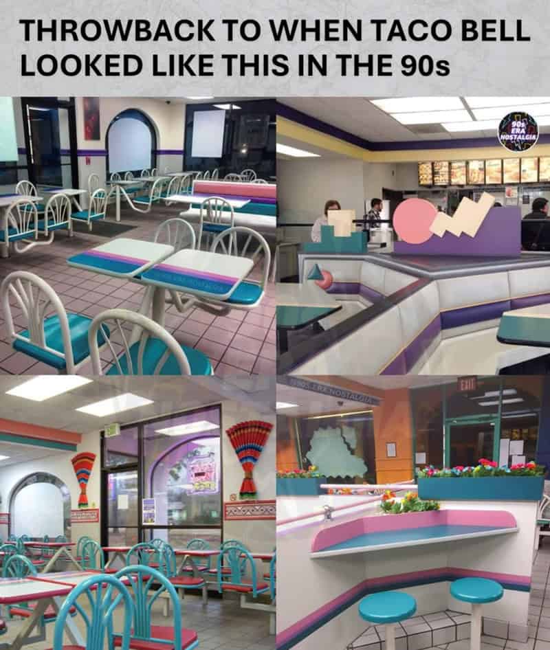 Throwback to 90s Taco Bell decor with pastel colors and retro furniture.