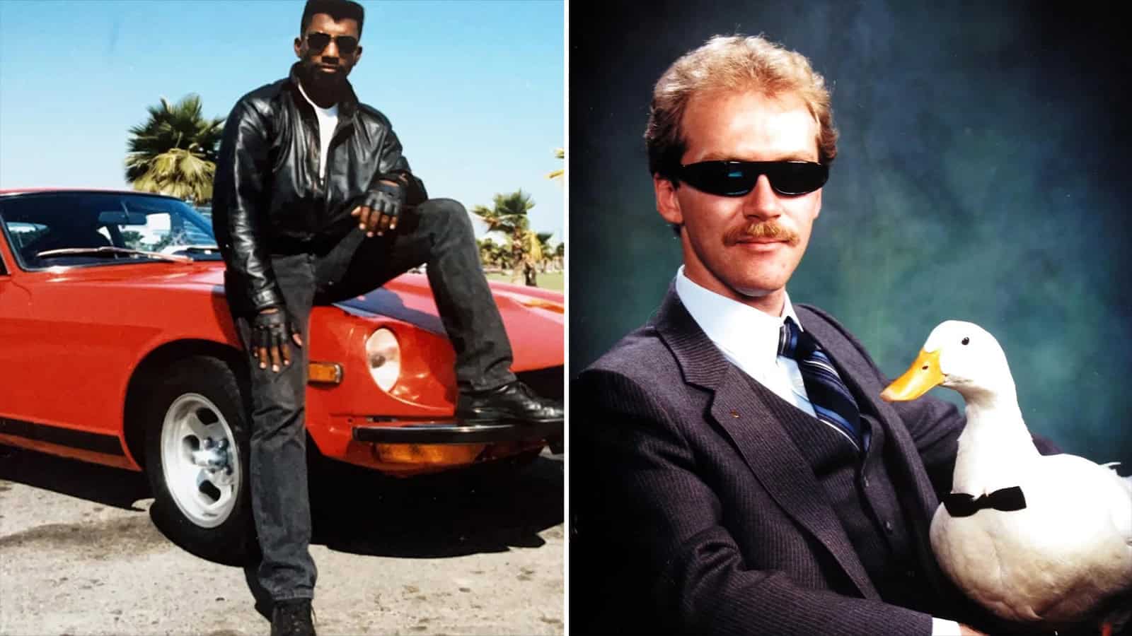 Two men in sunglasses, one with a duck, in vintage style photos.