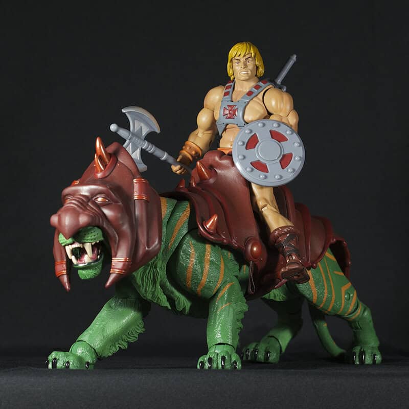 He-Man riding Battle Cat action figure from the 80s toy line.
