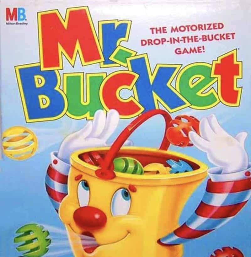 Mr. Bucket toy with a smiling face, red nose, and striped arms, with colorful balls.