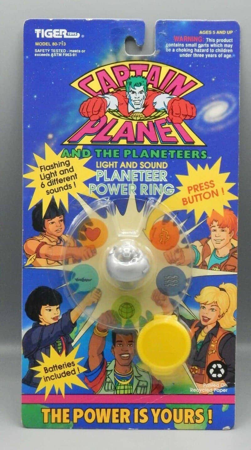 Captain Planet toy with characters and power ring from 90s toy series.
