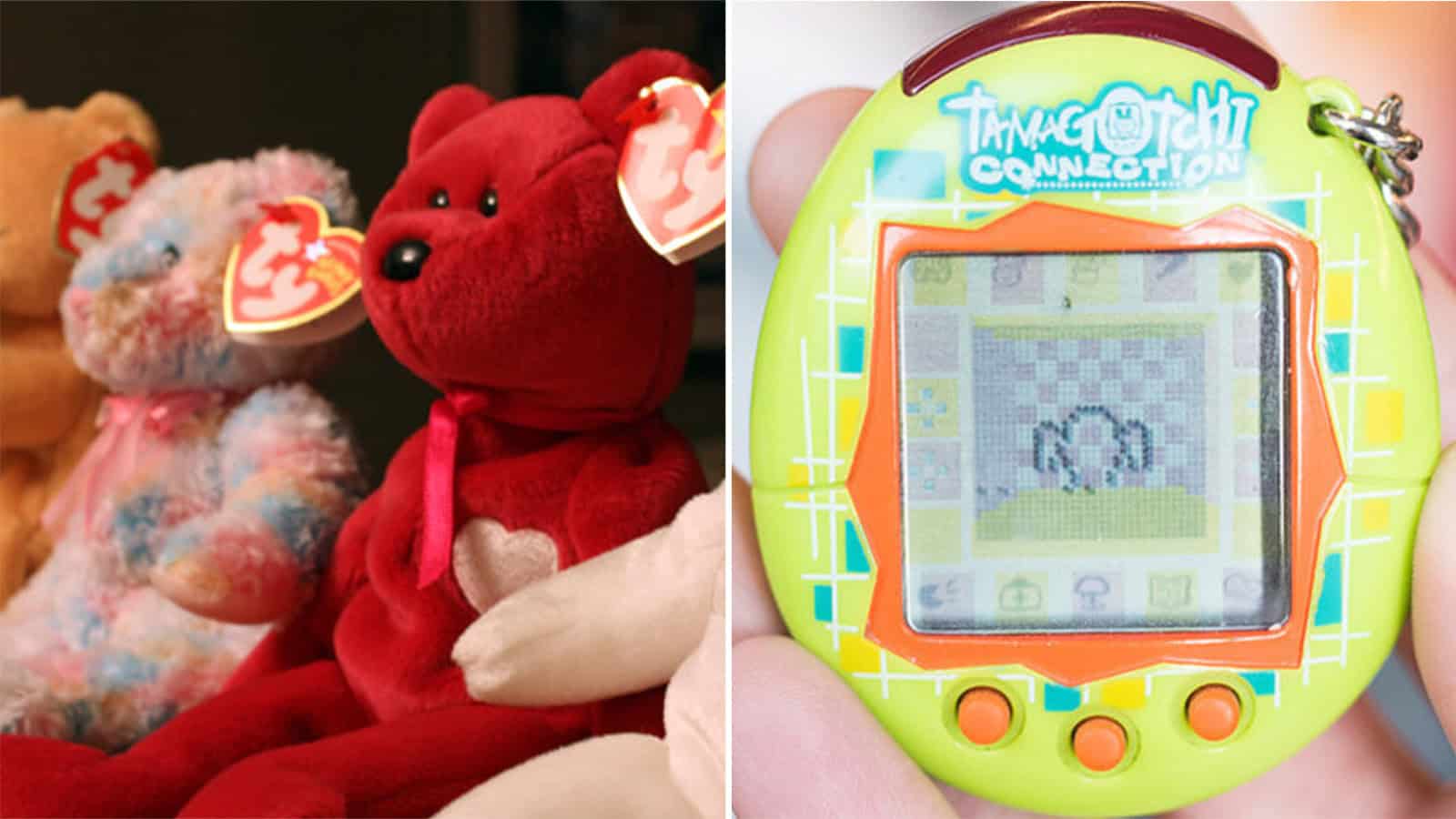 Teddy bears and a Tamagotchi toy from the 90s.