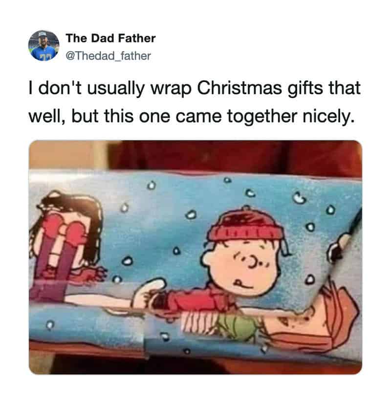 Peanuts comic strip with Charlie Brown and Lucy in snow, Christmas gift wrapping.
