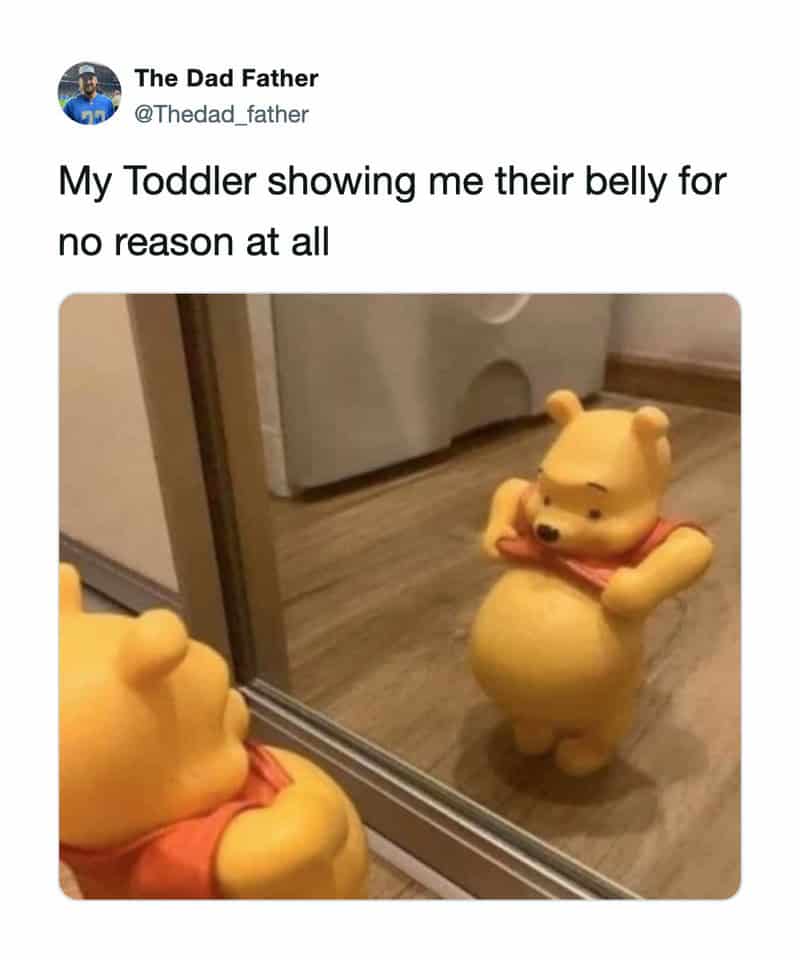 Toddler showing belly to teddy bear reflection in mirror, no reason at all.
