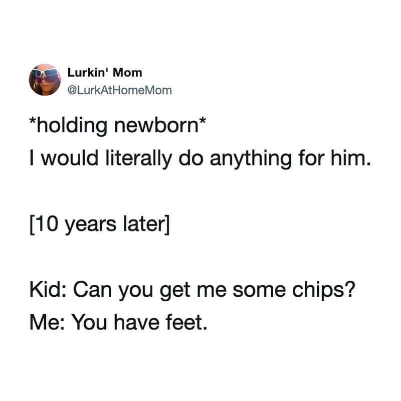 Mom holding newborn, later asking for chips, kid says you have feet.