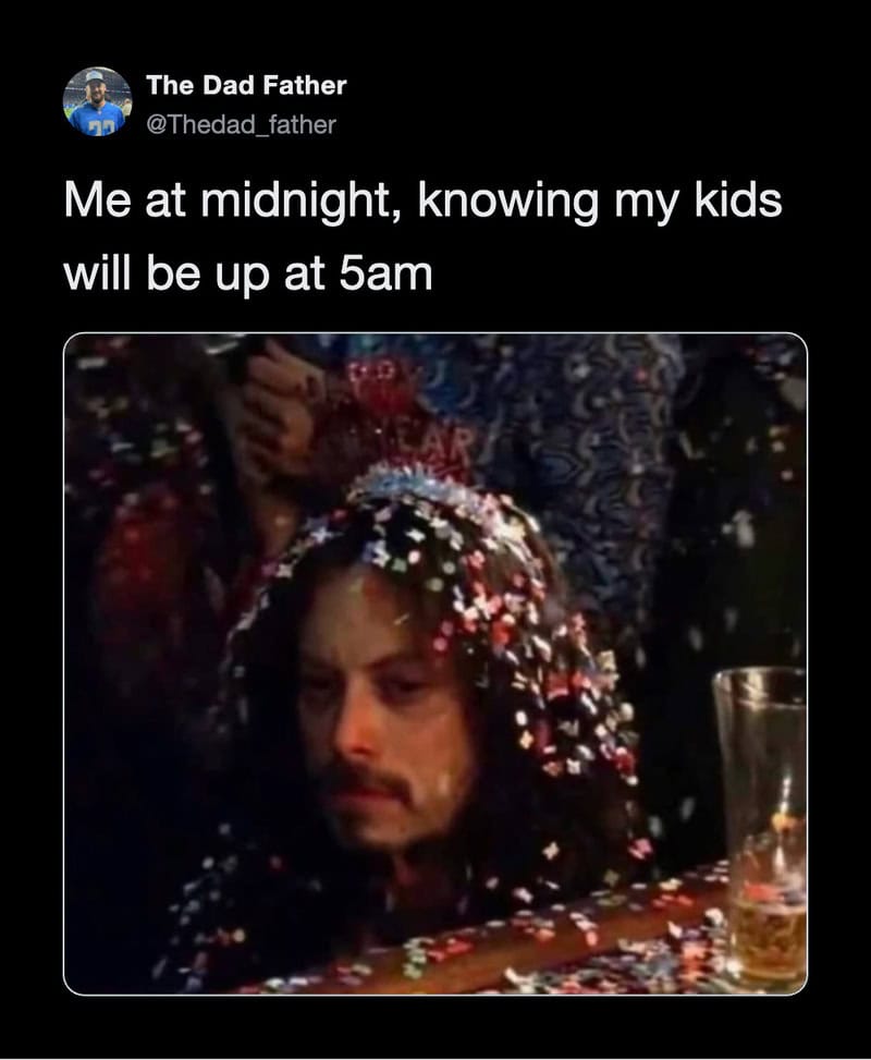 Man at midnight with confetti, knowing kids will wake at 5am.