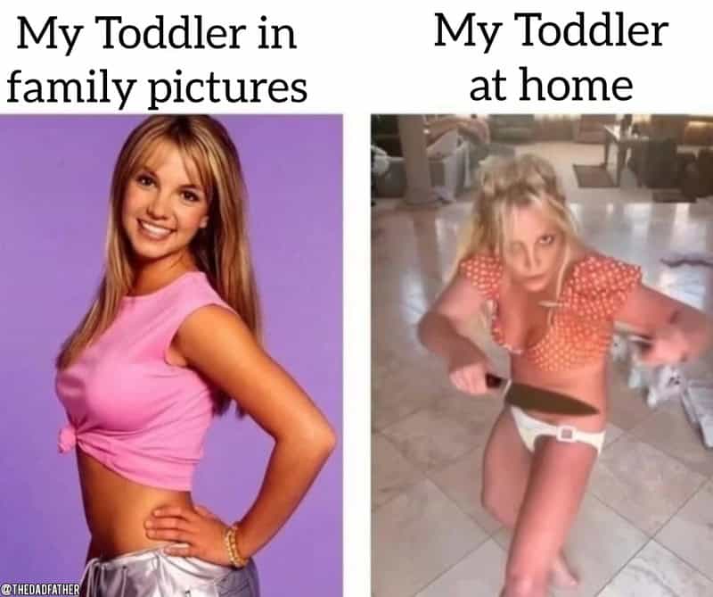 Comparison of a well-dressed girl in family pictures and a messy toddler at home.