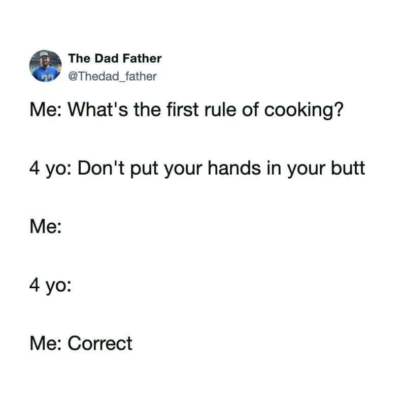 A humorous text post about cooking rules and a dad meme.