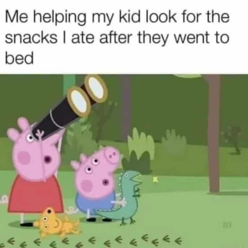 Peppa Pig characters with a telescope, caption about helping kids look for snacks after bed.