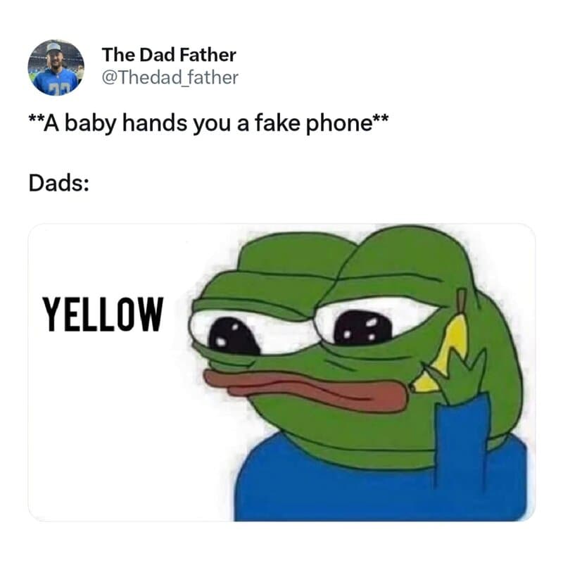 A cartoon frog with big eyes holding a fake phone to its ear, with the word YELLOW.