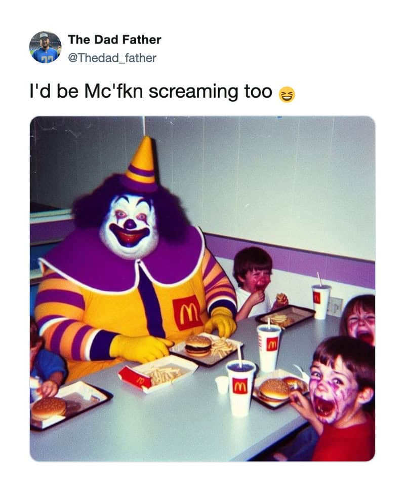 Clown with children at McDonald's, kids with face paint, eating burgers.
