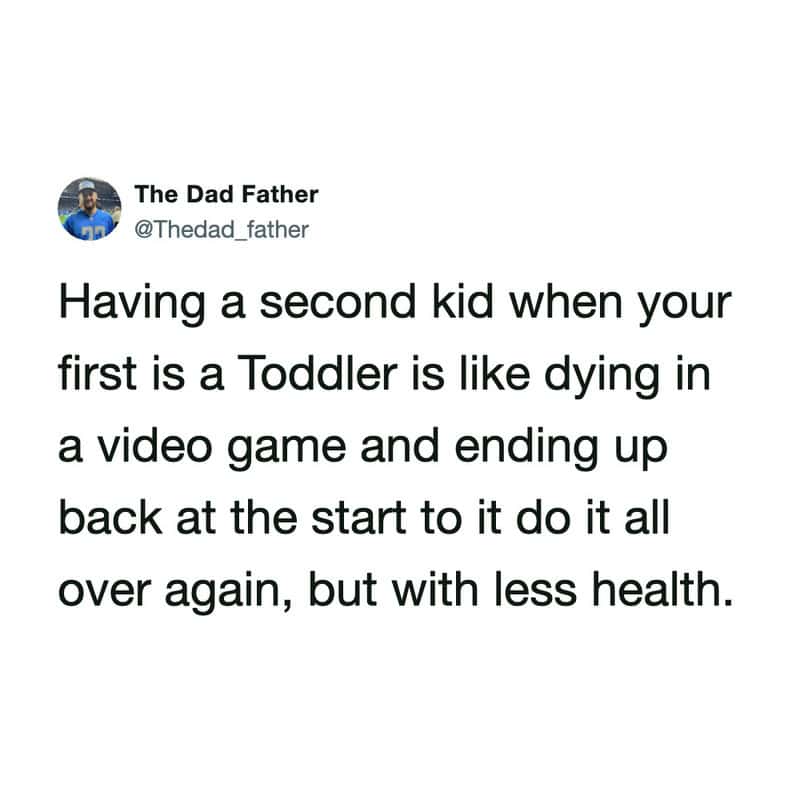 Having a second kid when your first is a toddler is like dying in a video game and starting over.