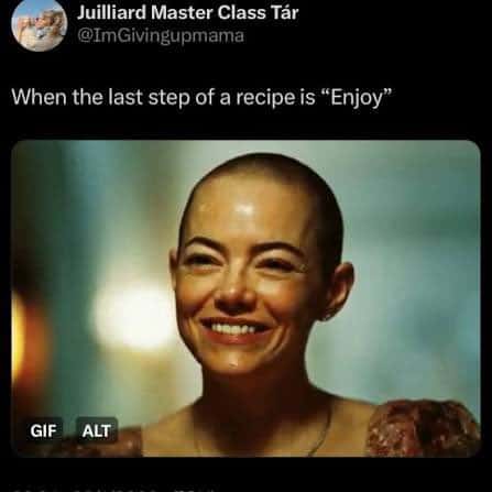 Smiling woman with a shaved head, enjoying her meal, with the caption about enjoying the recipe.