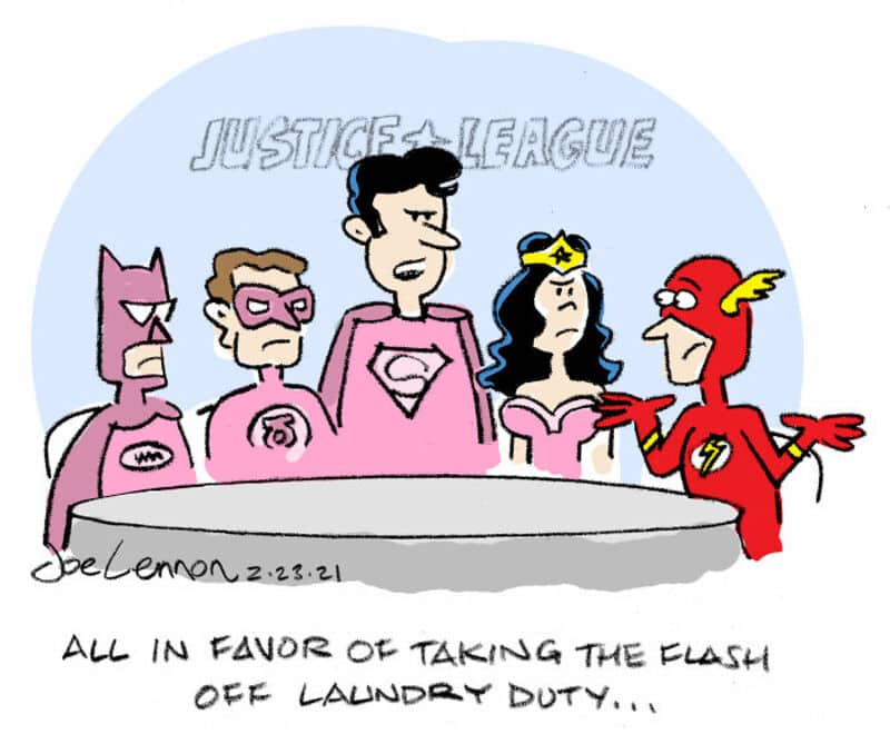 Justice League characters with Superman saying 'All in favor of taking the Flash off laundry duty...