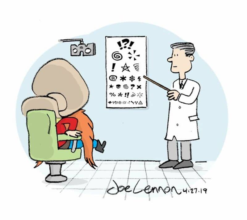Cartoon of a doctor pointing at an eye chart with symbols, with a patient in a chair.