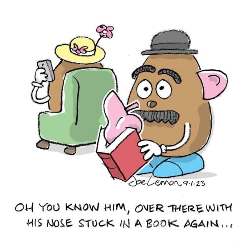 Cartoon of a man with a mustache reading a book, woman with a hat on a green chair, and a dog, with.