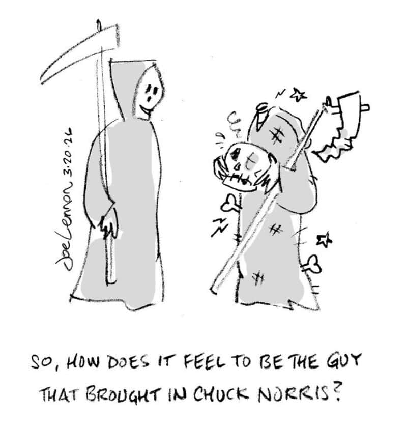 Cartoon of Grim Reaper and a cheerful character with a scythe, asking about Chuck Norris.