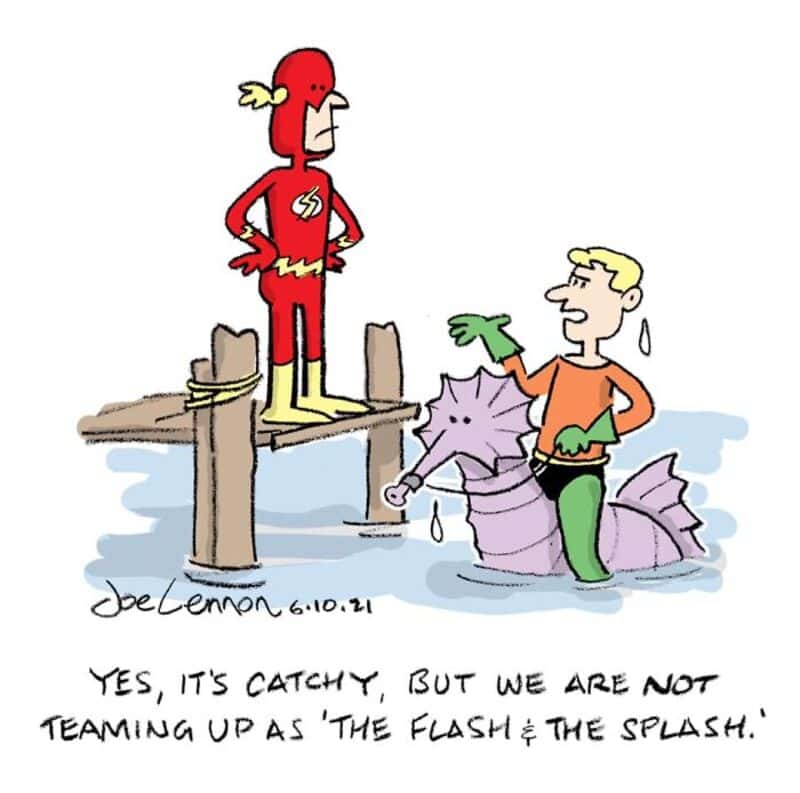 Cartoon of The Flash and a mermaid with a purple seahorse, with a humorous caption.