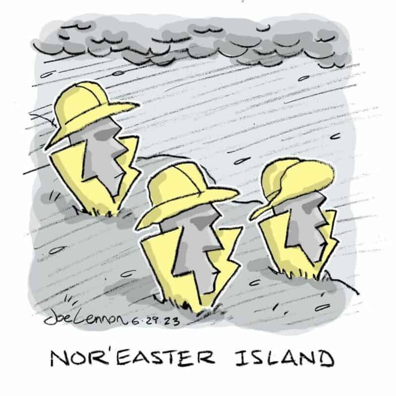 Three yellow hats with lightning bolt shapes in a stormy landscape.