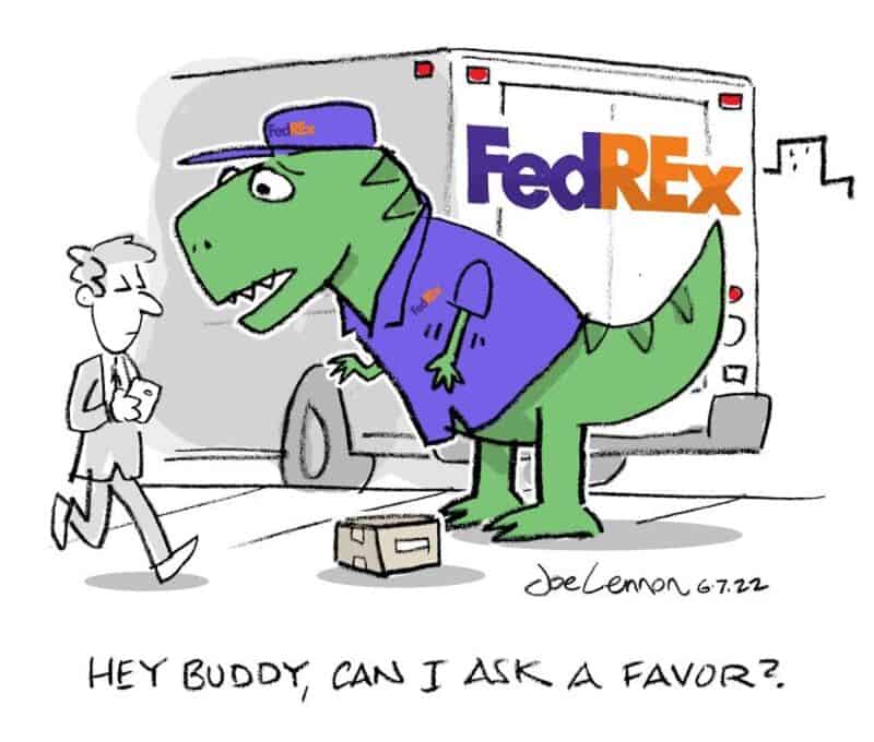 Cartoon dinosaur dressed as FedEx delivery person asking a man for a favor.