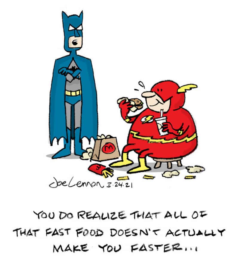 Batman and The Flash eating fast food, with Batman looking serious.