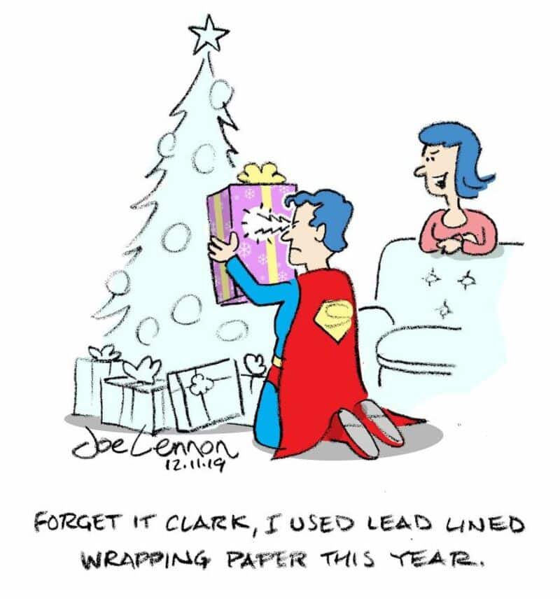 Superman kneeling with a gift, Christmas tree, and a woman watching, comic style.