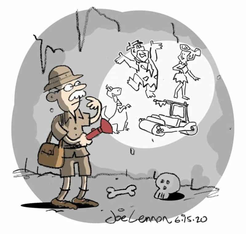 Cartoon of a man with a hat and backpack looking at cave paintings of Lennon and Yoko.