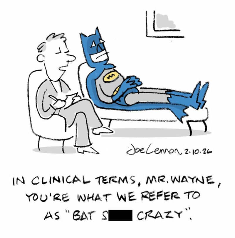 Batman lying on a couch with a doctor, discussing 'bat s*** crazy' in clinical terms.