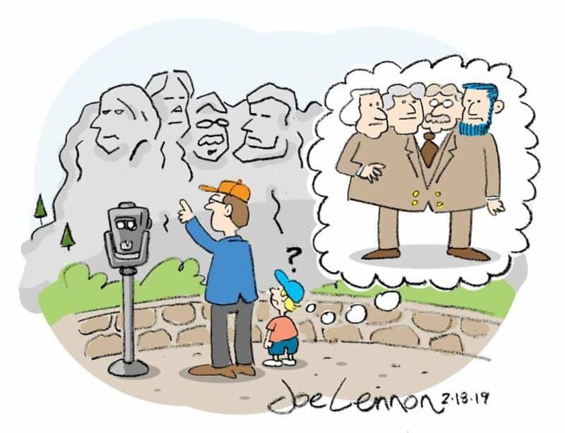 Child and adult looking at Mount Rushmore, child imagining four men in suits.