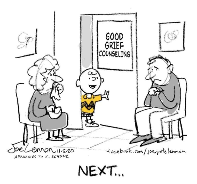 Charlie Brown in a grief counseling session with Lucy and Linus, with 'Good Grief Counseling' sign.