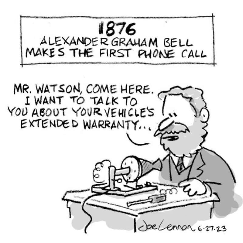 Drawing of Alexander Graham Bell with a phone, talking about the first phone call in 1876.