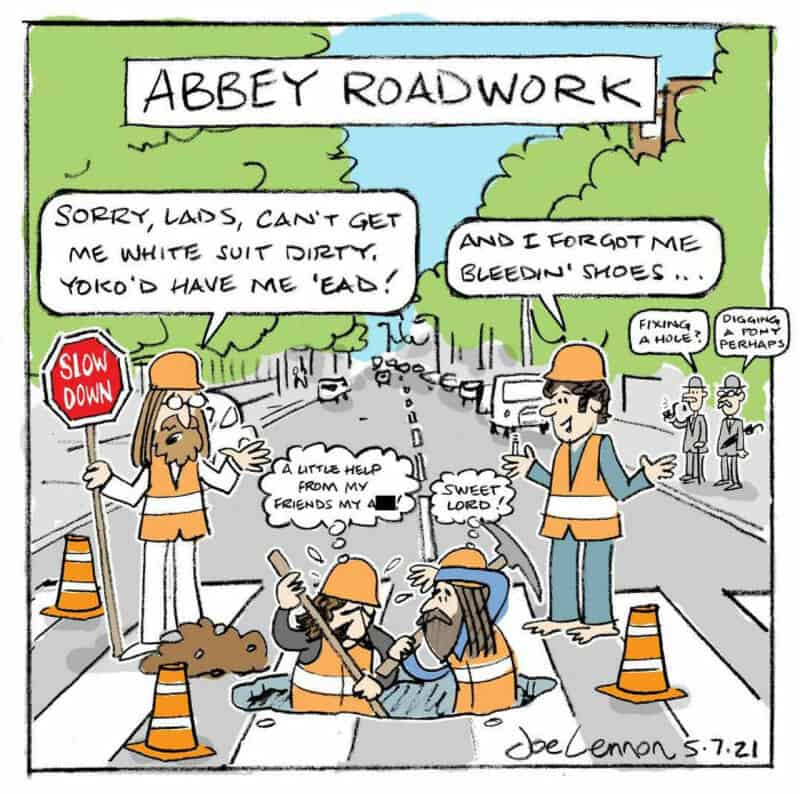 Abbey Roadwork cartoon with workers and pedestrians on a street.