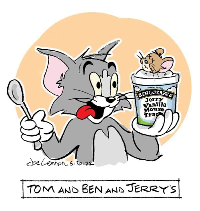 Tom, Jerry, and Ben & Jerry's ice cream cartoon with text.