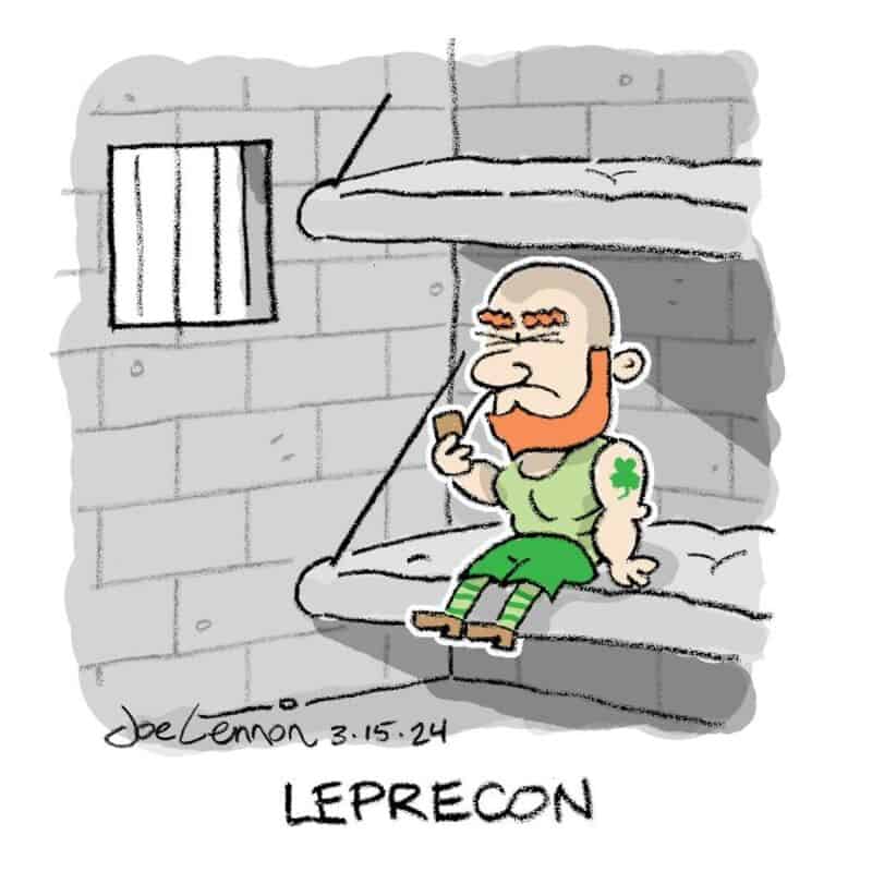 Cartoon of a leprechaun with a beard, sitting on a bunk bed, holding a phone.