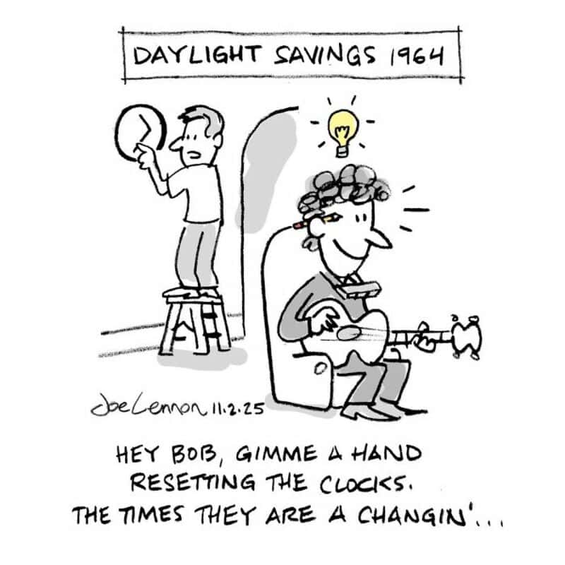Comic strip about daylight savings 1964 with a man on a stool and a person with a guitar.