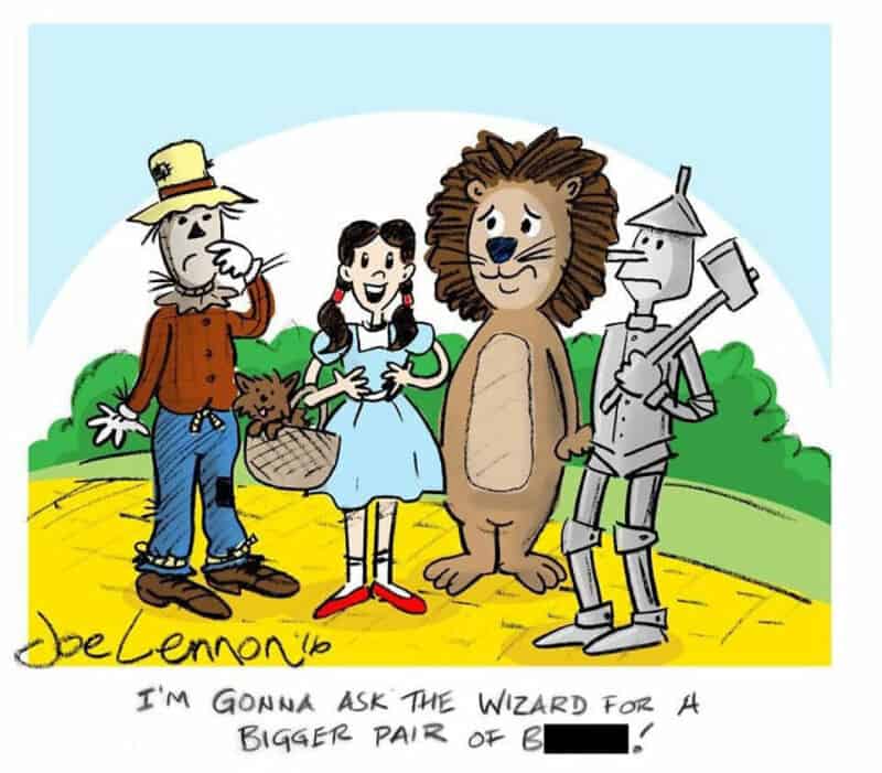 Dorothy, Scarecrow, Cowardly Lion, and Tin Man from The Wizard of Oz in cartoon style.