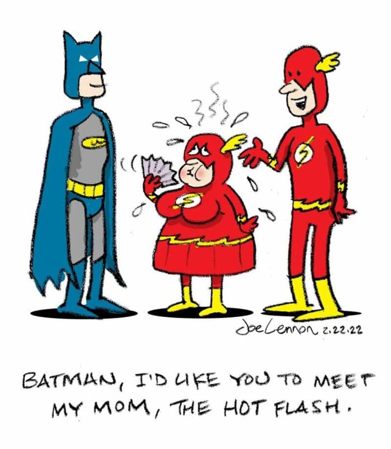 Batman meets The Flash's mom, who is dressed as a cartoon character.