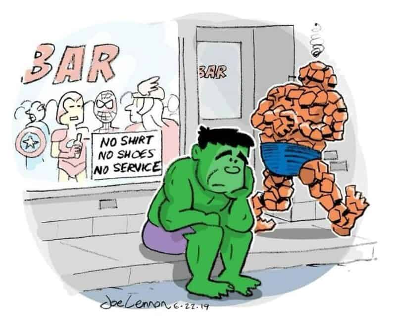 Hulk sitting outside a bar, looking sad, with Thing walking away, in front of a crowd with a 'No Sh*.