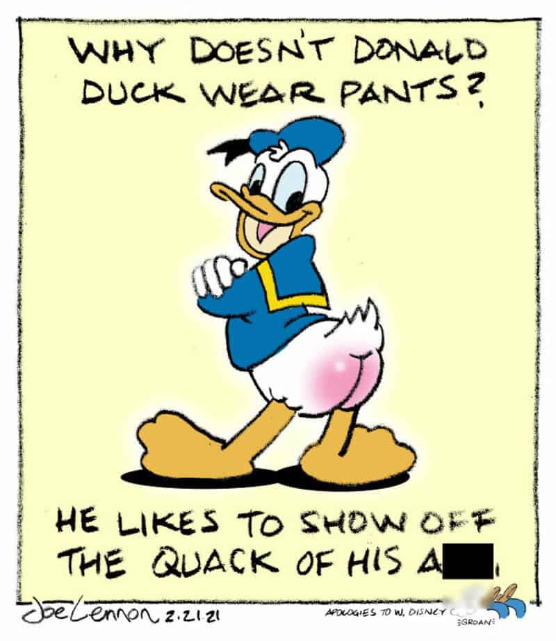 Donald Duck with a pink blush on his backside, asking why he doesn't wear pants.