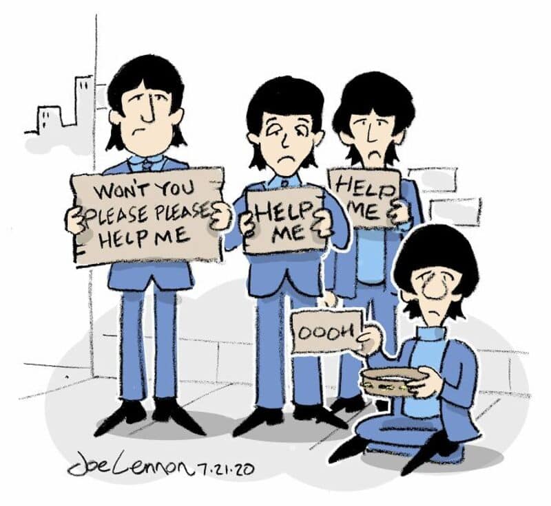 Four cartoon characters in blue clothes holding signs, one sitting with a plate, on a city street.