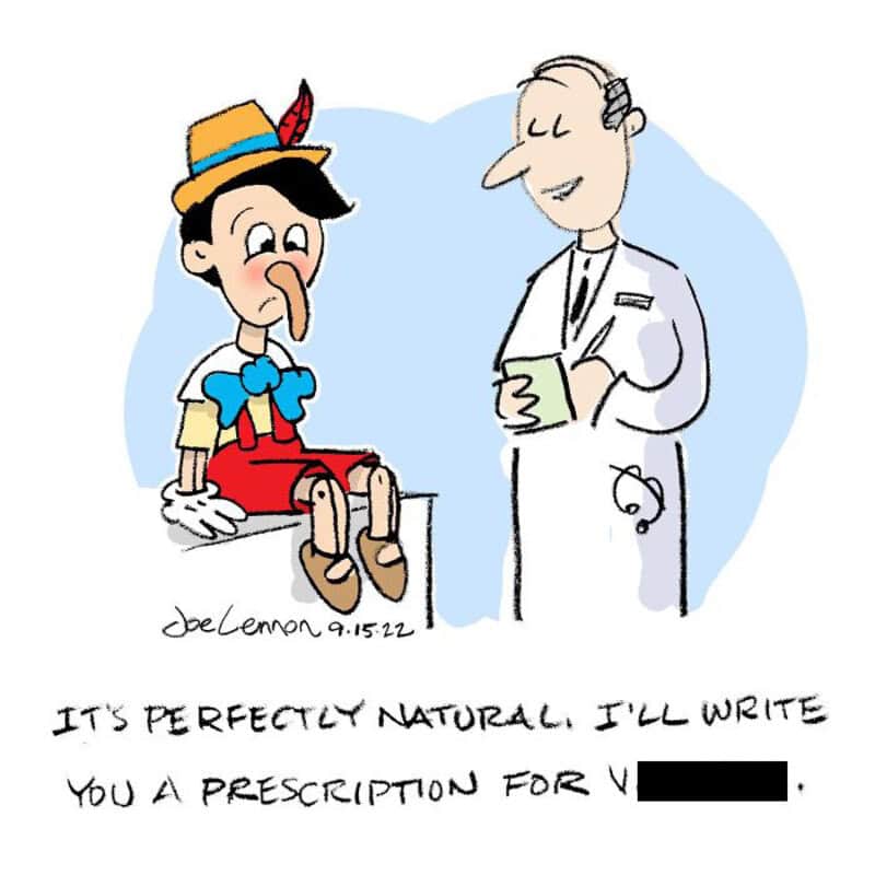 Cartoon Pinocchio with a doctor, with text about writing a prescription.