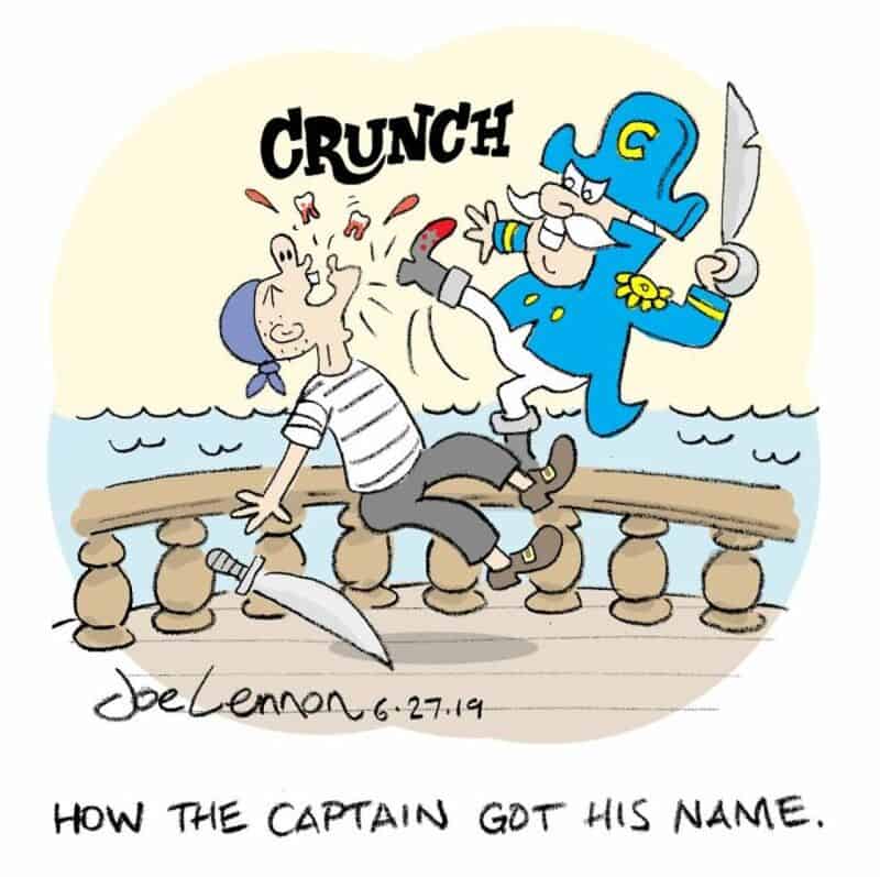 Cartoon of a pirate captain hitting a boy with a sword, with 'CRUNCH' sound effect.