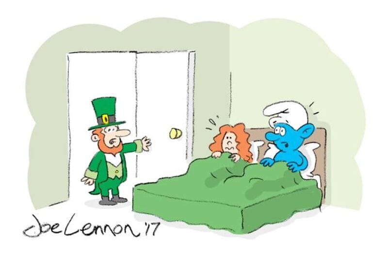 Leisurely scene with a leprechaun, a woman in bed, and a Smurf in a cartoon style.