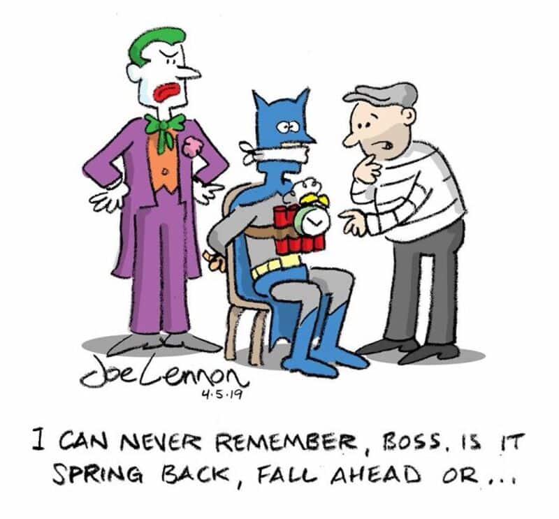 Cartoon of Joker, Cat in a hat, and a man with a gift, with text about spring.