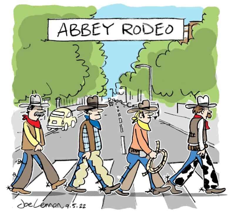 Abbey Road parody with cartoon characters walking across a street.