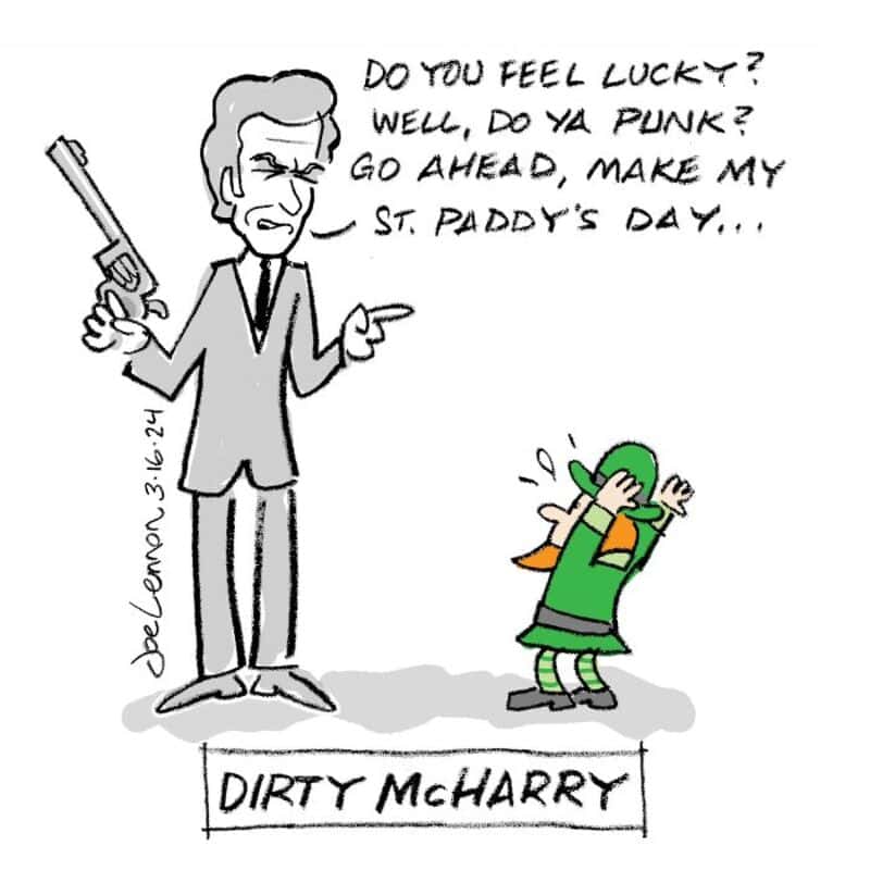 Cartoon of a man with a gun and a punk kid, with speech bubbles about luck and St. Paddy's Day.