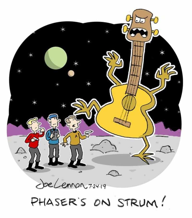 Cartoon of a giant guitar with a face and arms on the moon's surface, three people watching.