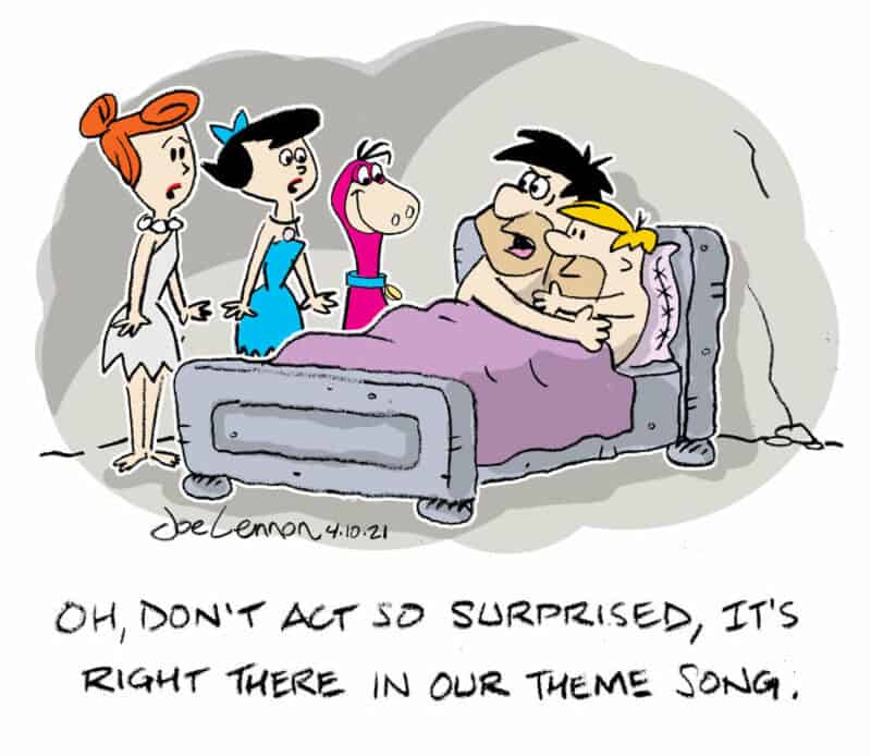 The Flintstones characters surprise a man in bed, referencing The Beatles' song.